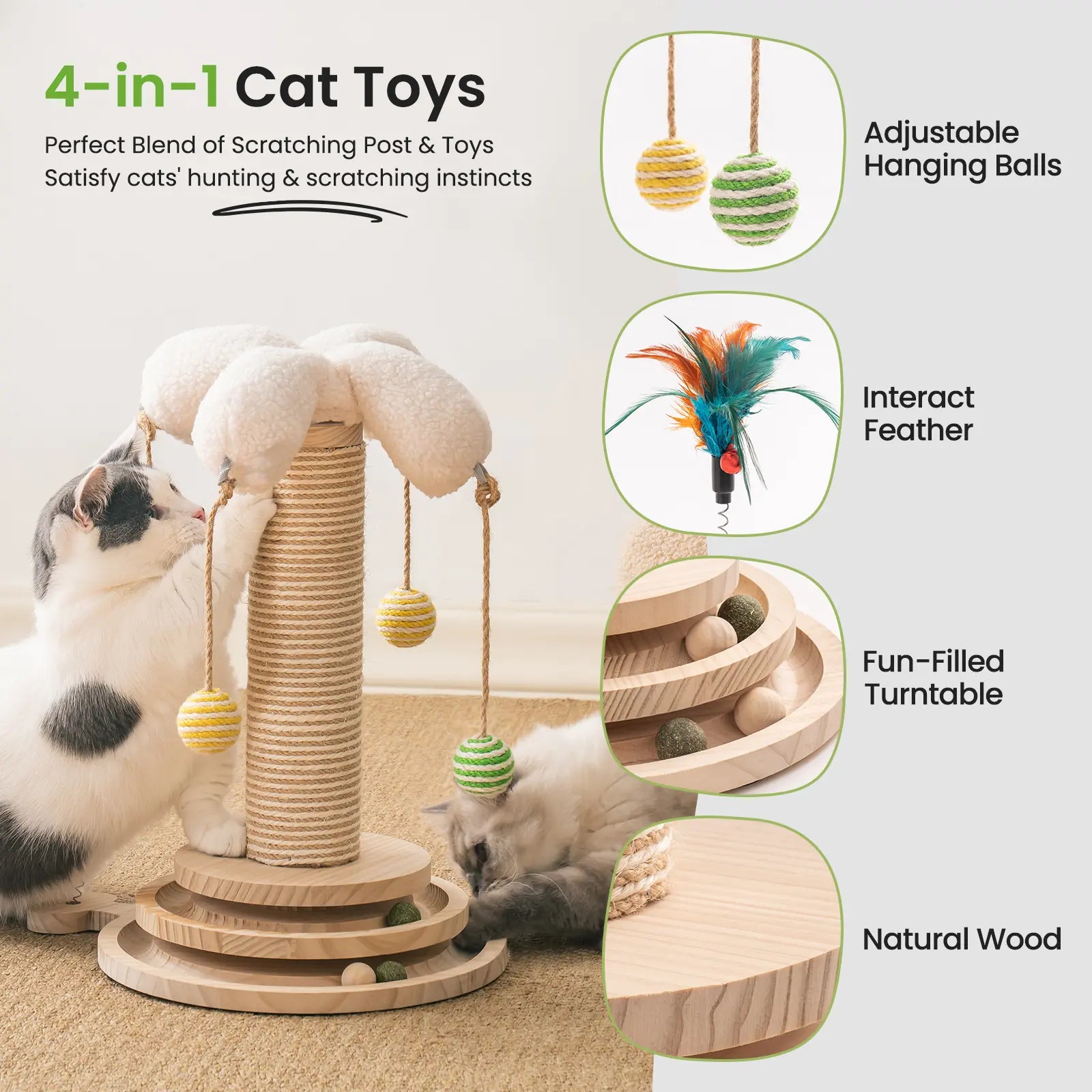 Sisal Cat Scratching Post, Sisal Rope for Indoor Cats, Fountain Vertical Cat Scratcher with Feather Interatcive Toys, Ball Track Toy, Hanging Ball Toy