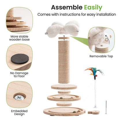Sisal Cat Scratching Post, Sisal Rope for Indoor Cats, Fountain Vertical Cat Scratcher with Feather Interatcive Toys, Ball Track Toy, Hanging Ball Toy