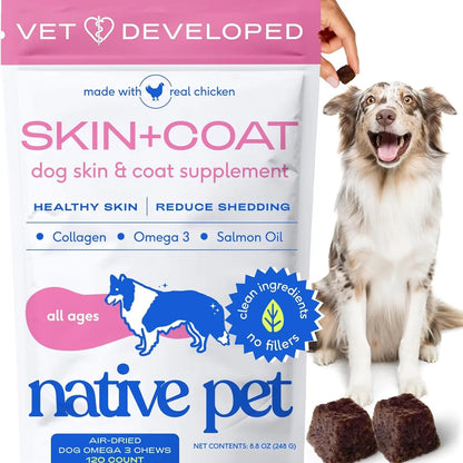 Native Pet Omega Skin & Coat Chews for Dogs - 30 Soft Chews with Omega-3 Fish Oil & Wild-Caught Salmon Oil for Healthy, Shiny Fur & Reduced Shedding