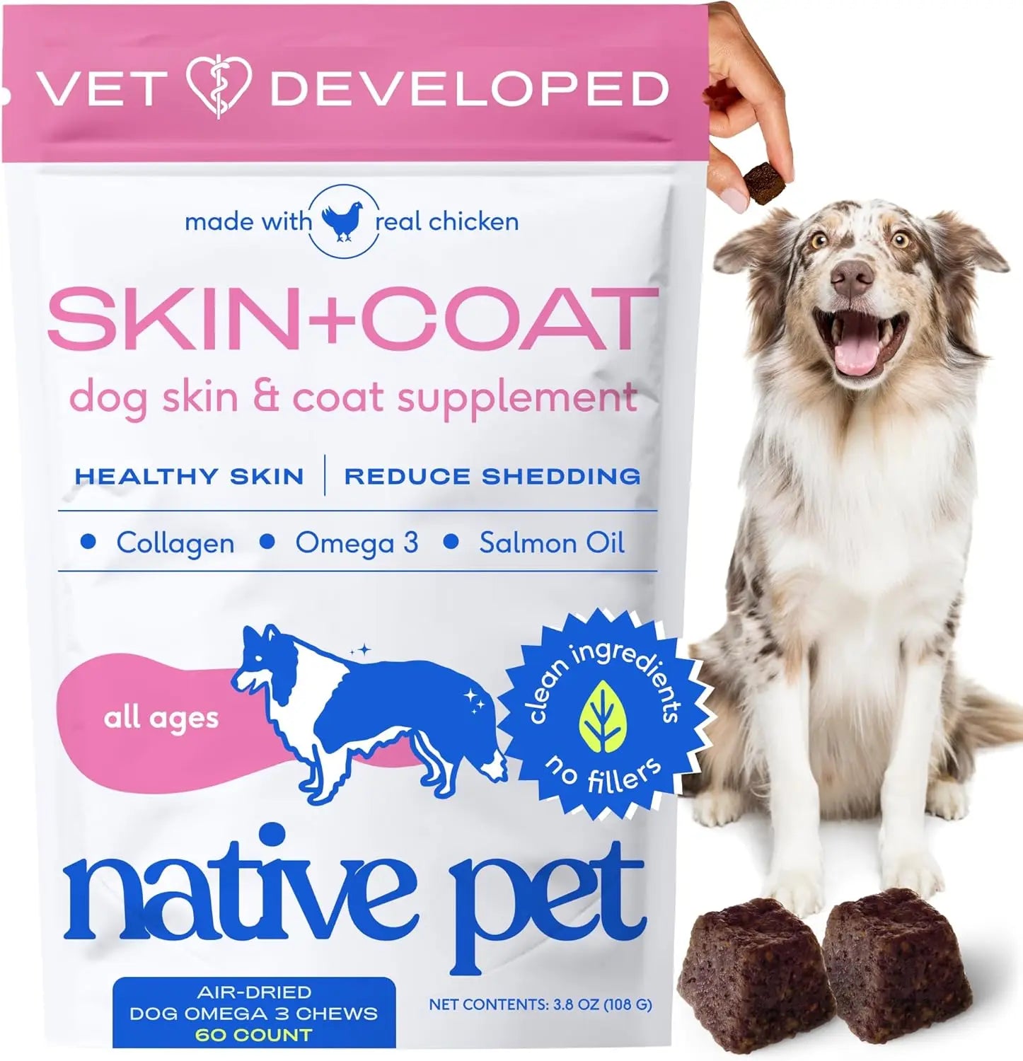 Native Pet Omega Skin & Coat Chews for Dogs - 30 Soft Chews with Omega-3 Fish Oil & Wild-Caught Salmon Oil for Healthy, Shiny Fur & Reduced Shedding