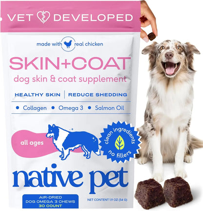 Native Pet Omega Skin & Coat Chews for Dogs - 30 Soft Chews with Omega-3 Fish Oil & Wild-Caught Salmon Oil for Healthy, Shiny Fur & Reduced Shedding