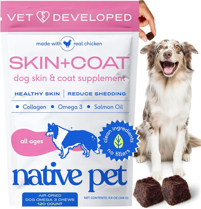 Native Pet Omega Skin & Coat Chews for Dogs - 30 Soft Chews with Omega-3 Fish Oil & Wild-Caught Salmon Oil for Healthy, Shiny Fur & Reduced Shedding