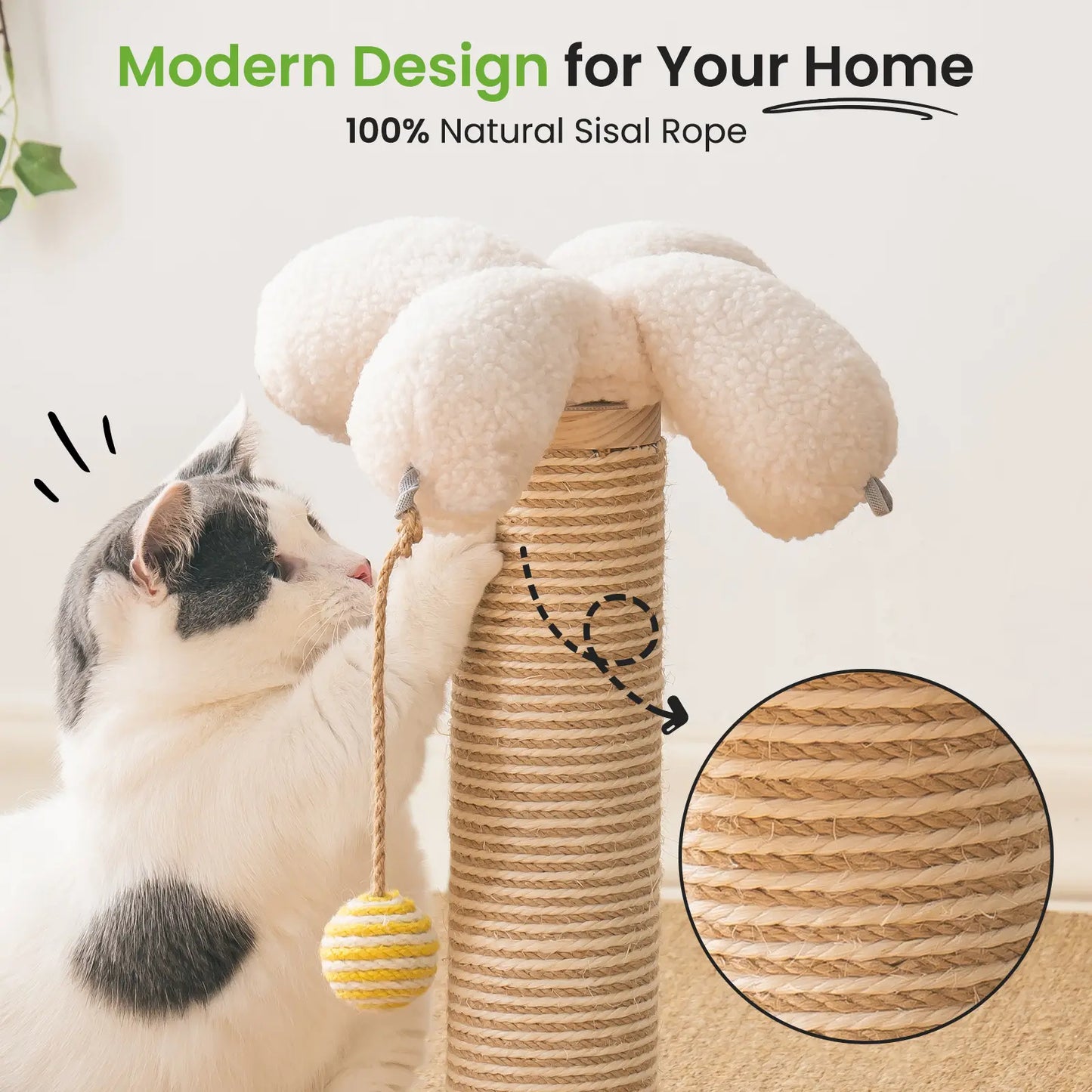 Sisal Cat Scratching Post, Sisal Rope for Indoor Cats, Fountain Vertical Cat Scratcher with Feather Interatcive Toys, Ball Track Toy, Hanging Ball Toy
