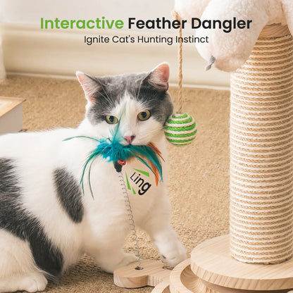 Sisal Cat Scratching Post, Sisal Rope for Indoor Cats, Fountain Vertical Cat Scratcher with Feather Interatcive Toys, Ball Track Toy, Hanging Ball Toy